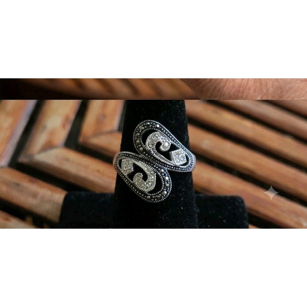 Vintage Silvertone Marcasite Openwork Swirl Statement Ring Size 7 Boho